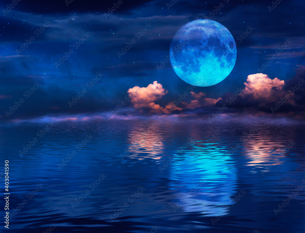 Fantasy night landscape seascape with mountains and islands. Futuristic neon light, night sky, reflection in the water of light, moonlight.