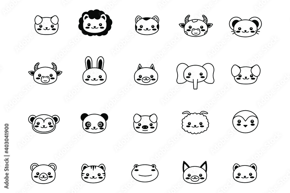 editable line, stroke, face. Hand Drawn vector illustration character. cute pet animal. Doodle cartoon style. Funny baby kids print. Outline symbol. Isolated vector illustration. Kawaii animal.