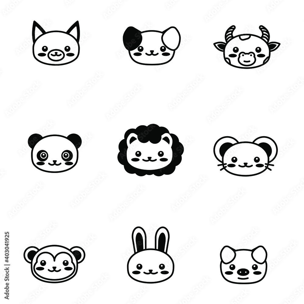 editable line, stroke, face. Hand Drawn vector illustration character. cute pet animal. Doodle cartoon style. Funny baby kids print. Outline symbol. Isolated vector illustration. Kawaii animal.