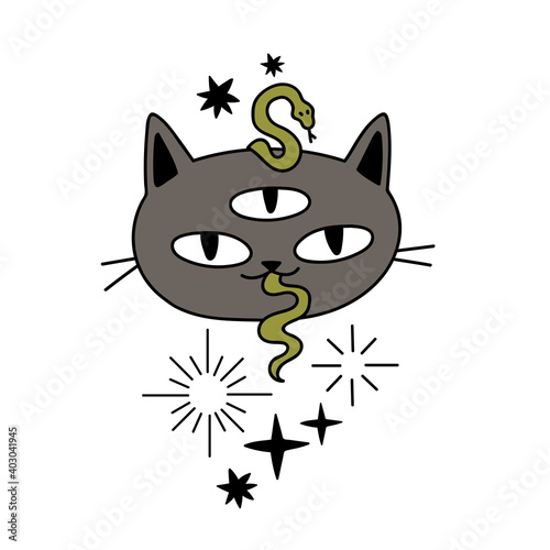 magic gray cat with three eyes and a snake, cartoon vector, postcard