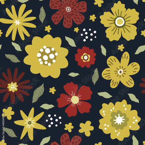 yellow flowers with leaves seamless pattern, vector hand drawing greeting card template