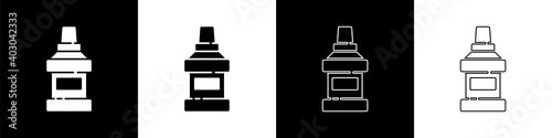 Set Mouthwash plastic bottle icon isolated on black and white background. Liquid for rinsing mouth. Oralcare equipment. Vector.