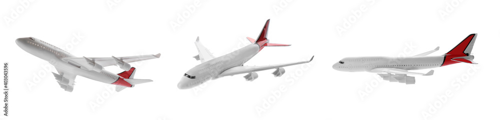 Collage with toy airplane isolated on white, view from different sides. Banner design Collage with toy airplane isolated on white, view from different sides. Banner design