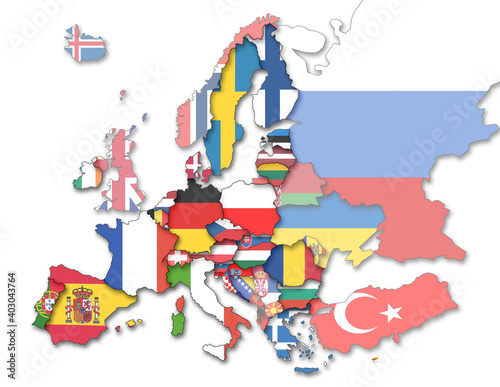 3D Karte von Europa mit Flaggen Staaten, EU Staaten stärker dargestellt