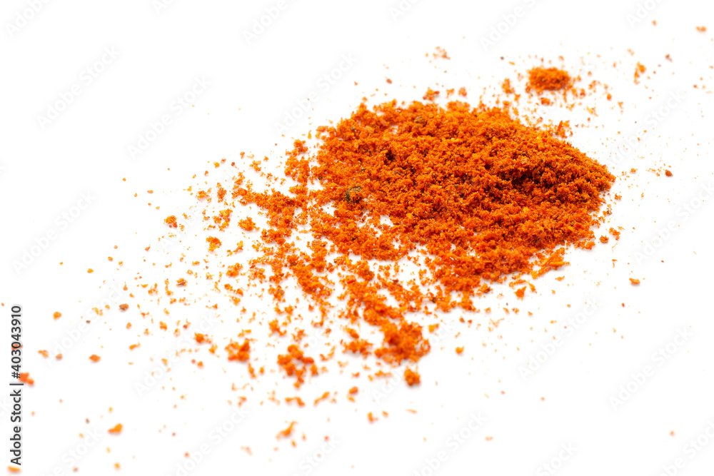 Red pepper powder isolated on white background, top view. Heap of red pepper powder on a white background. Cayenne pepper powder, top view. Pile of red paprika powder isolated on white background. Red pepper powder isolated on white background, top view. Heap of red pepper powder on a white background. Cayenne pepper powder, top view. Pile of red paprika powder isolated on white background.