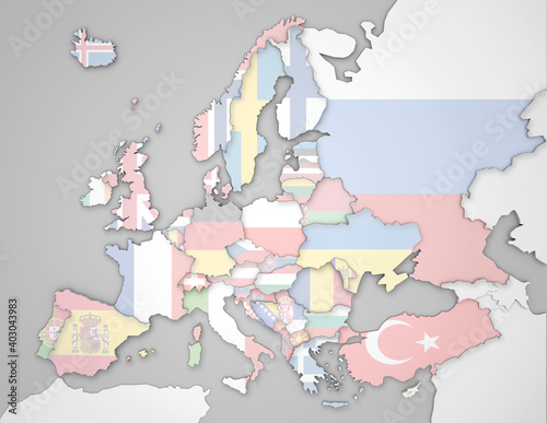 3D Karte von Europa mit Flaggen Staaten, EU Staaten zart dargestellt (graue Gewässer)
