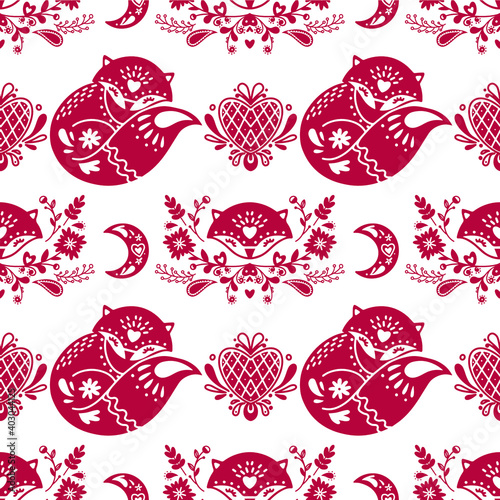 Abstract folk seamless pattern with decorative elements, flowers, foxes and hearts