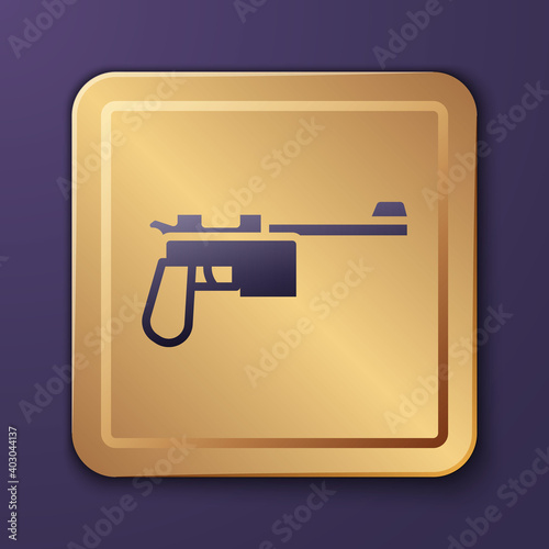 Purple Mauser gun icon isolated on purple background. Mauser C96 is a semi-automatic pistol. Gold square button. Vector.