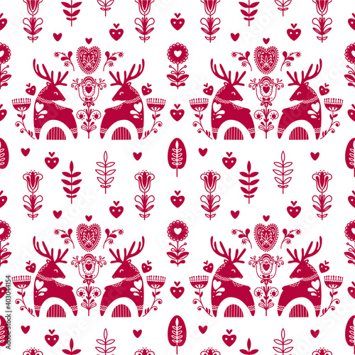Abstract folk seamless pattern with decorative elements, flowers, deers and hearts
