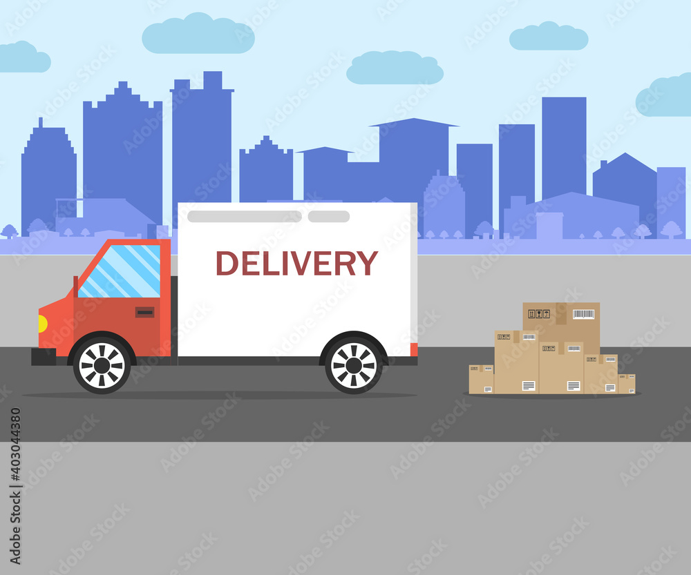 Delivery van with shadow and cardboard boxes on city background. Vector illustration.
