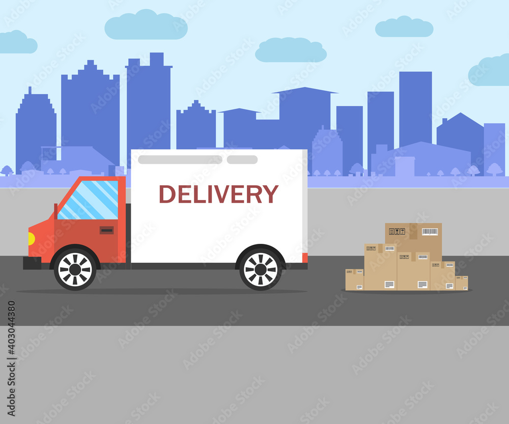 Delivery van with shadow and cardboard boxes on city background. Vector illustration. Delivery van with shadow and cardboard boxes on city background. Vector illustration.