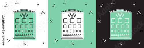 Set Eye test chart icon isolated on white and green, black background. Poster for vision testing in ophthalmic study. Snellen chart. Vector.