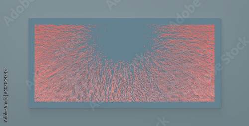Small particles strive out of center. Array with dynamic particles. Abstract grid design. Vector illustration in technology style. Can be used for science or education.