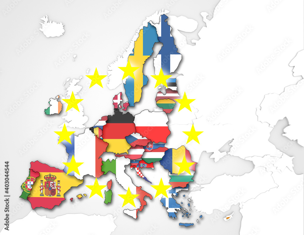 3D Karte von Europa mit Flaggen der EU Staaten und den EU Sternen Stock ...