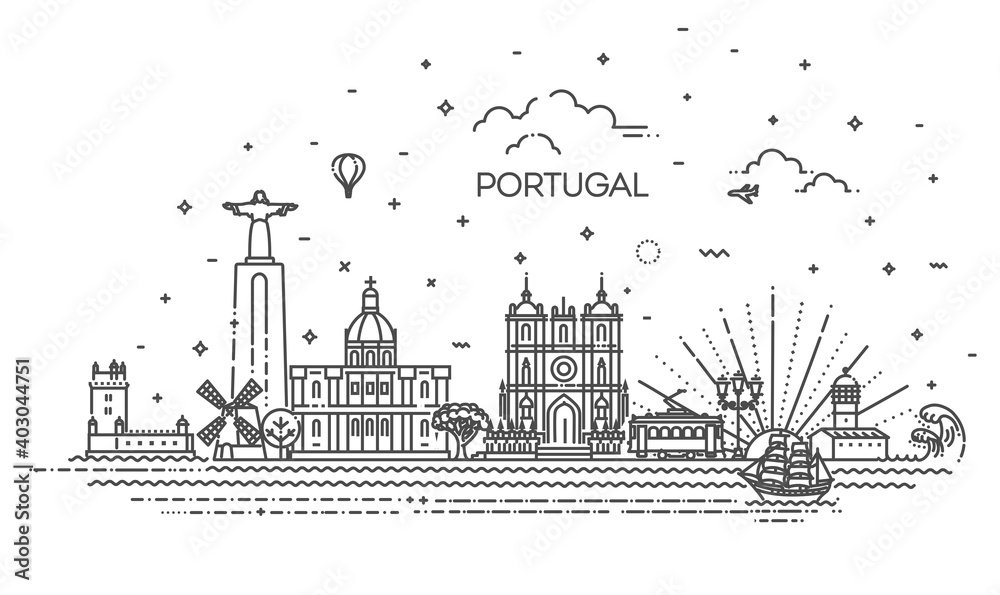 Portugal line skyline with panorama in white background