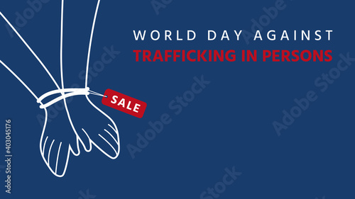 World day against trafficking in persons day, Tied hands and red label with sale alphabet, Human trafficking concept, Vector illustration for graphic design, human rights content