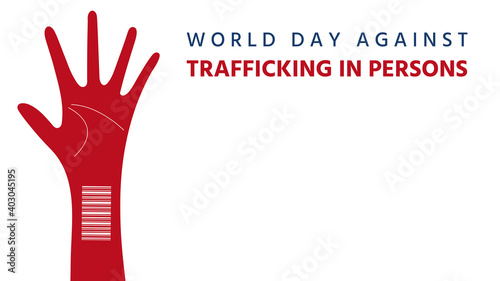 World day against trafficking in persons day. Hand with barcode isolated on white background. Human trafficking concept. Vector illustration for graphic design or human rights content