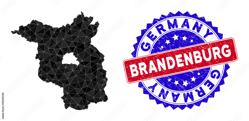 Brandenburg Land map polygonal mesh with filled triangles, and distress bicolor rubber seal. Triangle mosaic Brandenburg Land map with mesh vector model, triangles have randomized sizes, Brandenburg Land map polygonal mesh with filled triangles, and distress bicolor rubber seal. Triangle mosaic Brandenburg Land map with mesh vector model, triangles have randomized sizes,