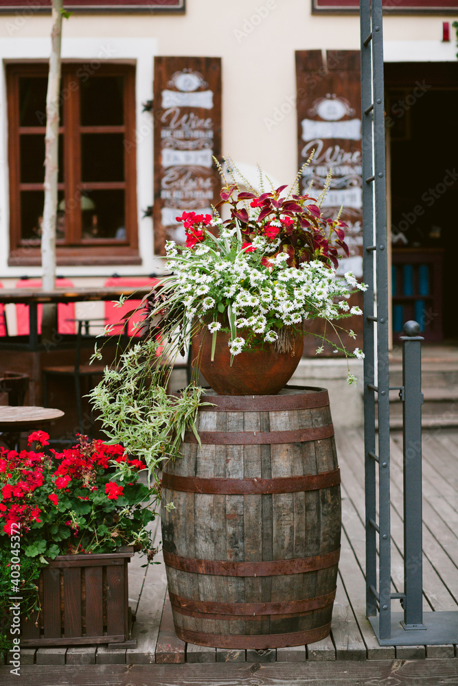 Flowers in the pot on the wooden barrel on the terrace of the cafe. Nature