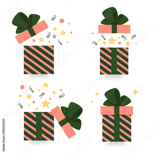 Set of Holidays Gift box, different present boxes. Surprise in the box. Open and close box. Modern flat illustration, trend color.
