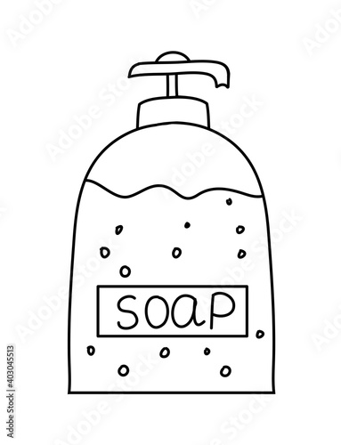 Liquid soap bottle with label and lettering, black and white hand drawn doodle vector