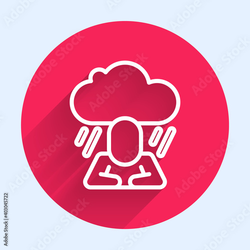 White line Depression and frustration icon isolated with long shadow. Man in depressive state of mind. Mental health problems. Red circle button. Vector.