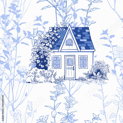 .Small cozy house among flowering branches..Vector seamless pattern in blue tones on a white background.Vintage illustration.