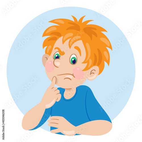Confused funny redhead boy - avatar icon. In cartoon style. Isolated on white background. Vector flat illustration.