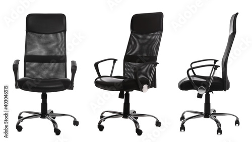 Set with black office chairs with leather seats on white background