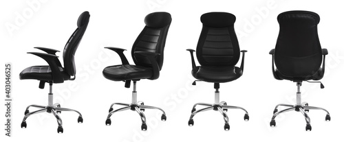 Set with black office chairs with leather seats on white background. Banner design