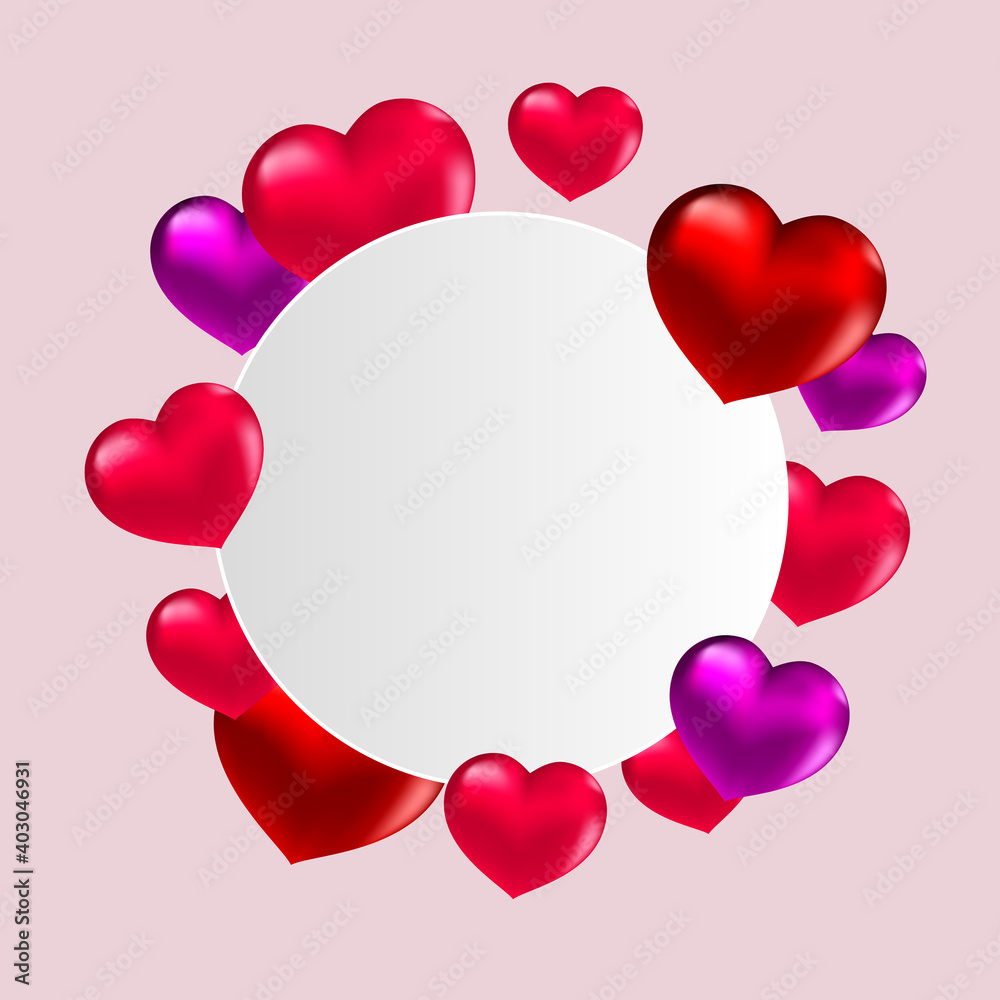 White circle with heart shaped balloons, vector art illustration.