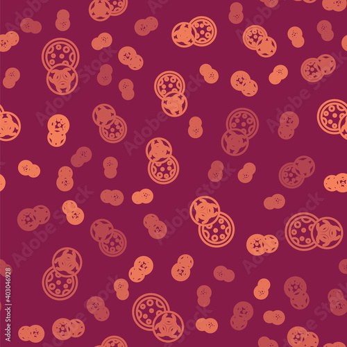 Brown line GMO icon isolated seamless pattern on red background. Genetically modified organism acronym. Dna food modification. Vector.