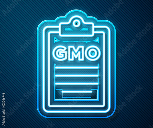 Glowing neon line GMO icon isolated on blue background. Genetically modified organism acronym. Dna food modification. Vector.