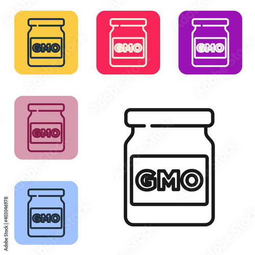 Black line GMO icon isolated on white background. Genetically modified organism acronym. Dna food modification. Set icons in color square buttons. Vector.