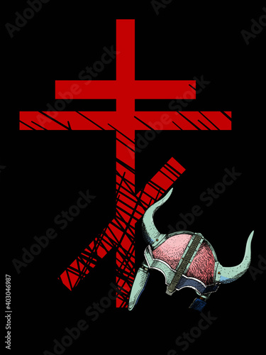 Vector illustration of a Russian cross and fallen horned helmet isolated on black. 