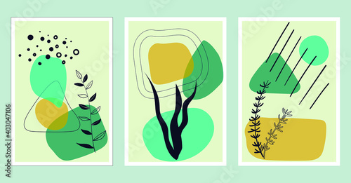 Underwater wall art vector set. Foliage line art drawing with abstract shape. Abstract Plant Art design for print, cover, wallpaper, Minimal and natural wall art. Vector Botanical illustration.