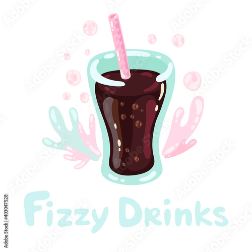Sweet soda in glass with bubbles. Kawaii isolated on white doodle vector illustration. Title fizzy drinks. Cute brown american take away drink. Cola in flat style. Sparkling festive water glass.