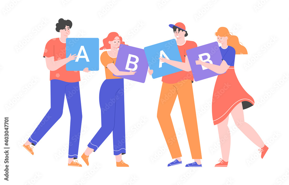 Characters stand with A, B signs in their hands. Choice of two options. Vector flat illustration. Characters stand with A, B signs in their hands. Choice of two options. Vector flat illustration.