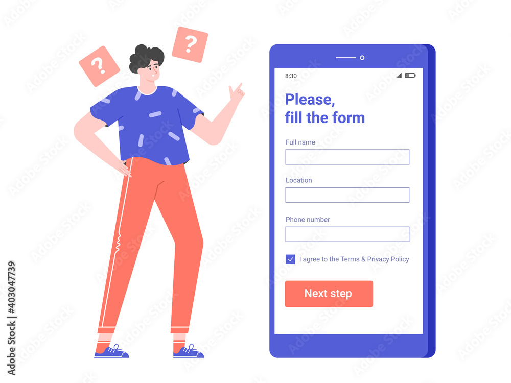 Male character stands next to a smartphone. Fills the registration form in the mobile application. Vector flat illustration. Male character stands next to a smartphone. Fills the registration form in the mobile application. Vector flat illustration.