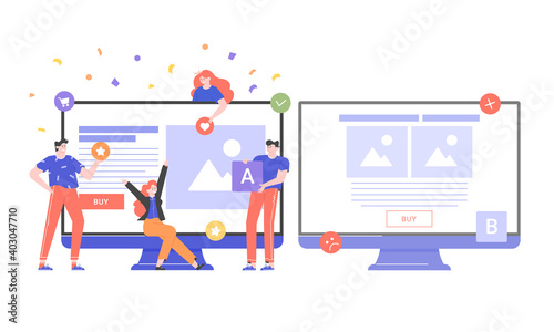 Two monitors with a landing page web design on displays. Split testing, AB testing and results. Users rejoice near the winner. Vector flat illustration.