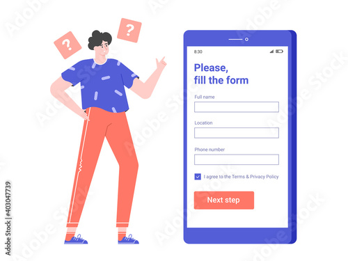 Male character stands next to a smartphone. Fills the registration form in the mobile application. Vector flat illustration.