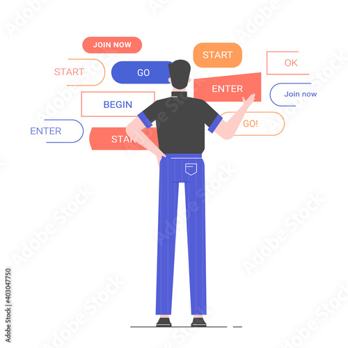Male character stands with his back in front of different design options of one button. Application testing, user feedback, UI. Vector flat illustration.