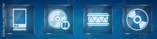 Set Voice assistant, Vinyl disk, Drum and CD or DVD disk. Square glass panels. Vector.