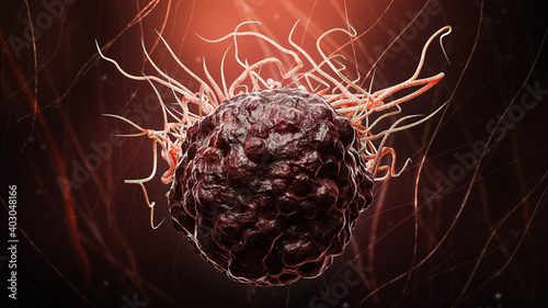Cancer or tumor cell close-up 3D rendering illustration. Carcinoma, lymphoma, oncology, medicine, science, microbiology, cancerous pathology, health concepts. photo