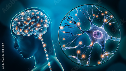 Fotografia Human brain stimulation or activity with neuron close-up 3D rendering illustration