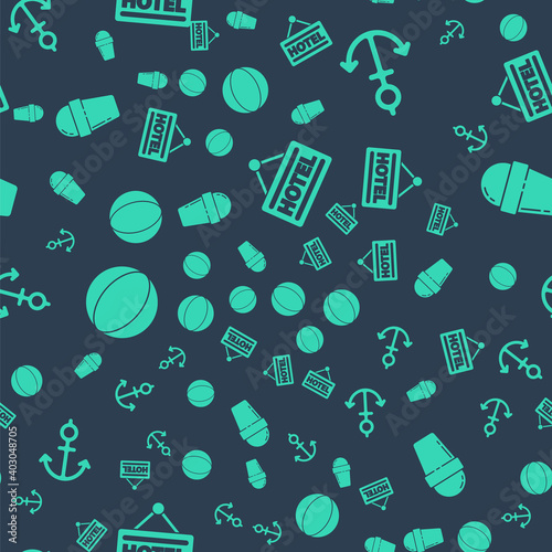 Set Signboard with text Hotel, Anchor, Beach ball and Ice cream in waffle cone on seamless pattern. Vector.
