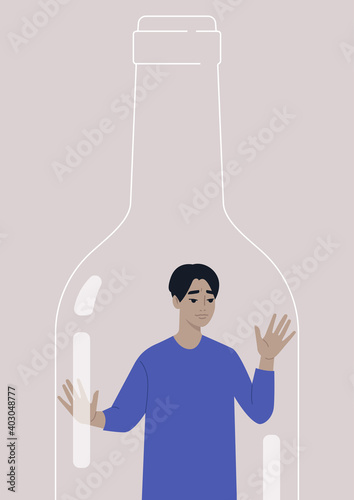 Alcohol addiction problem, a young male Asian character trapped inside a wine bottle