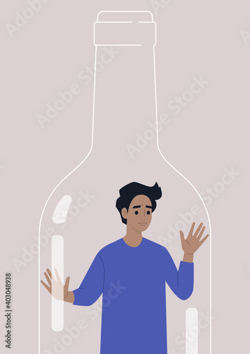 Alcohol addiction problem, a young male character trapped inside a wine bottle