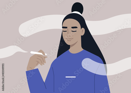 Young relaxed female Asian character holding a joint surrounded by smoke clouds, modern lifestyle