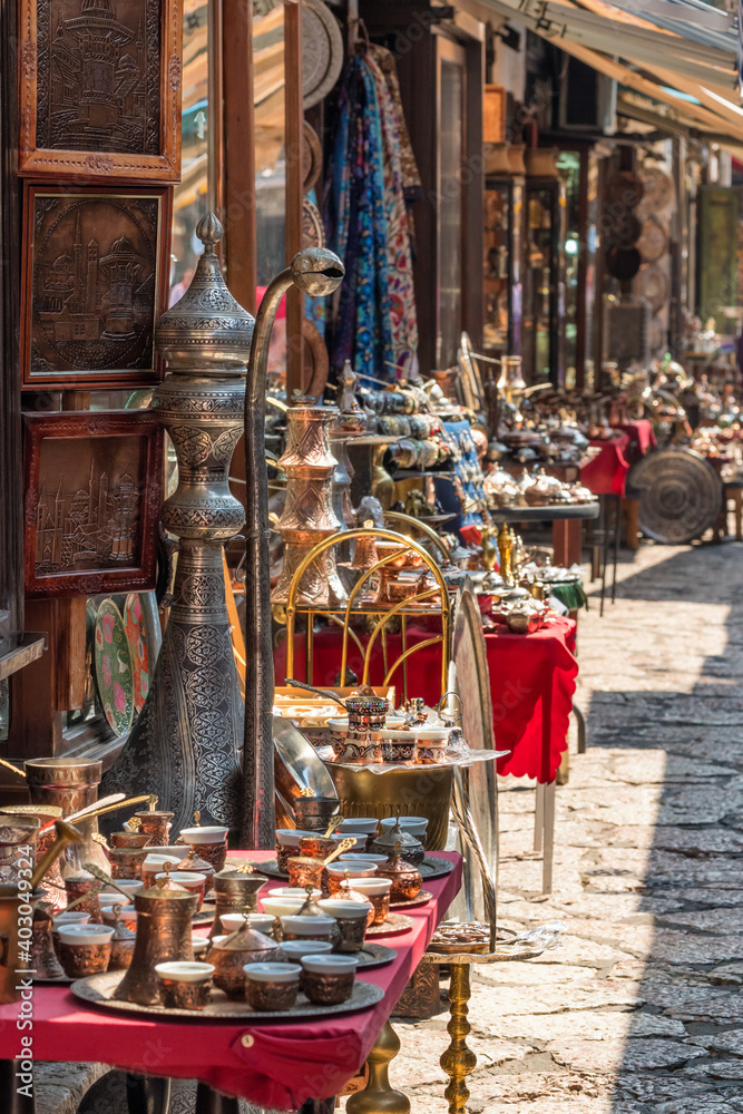 Traditional gift shops in historical center of Sarajevo, Bascarsija.